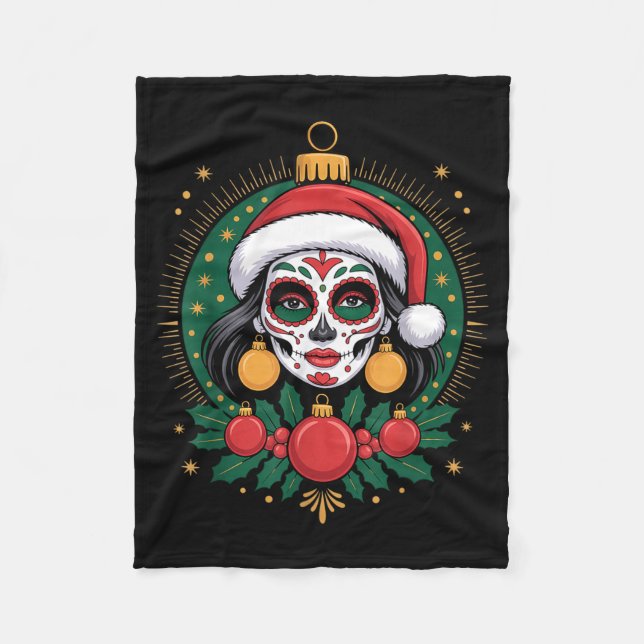Manta Polar Christmas Sugar Skull Art Woman Santa Hat Festive  (Anverso)