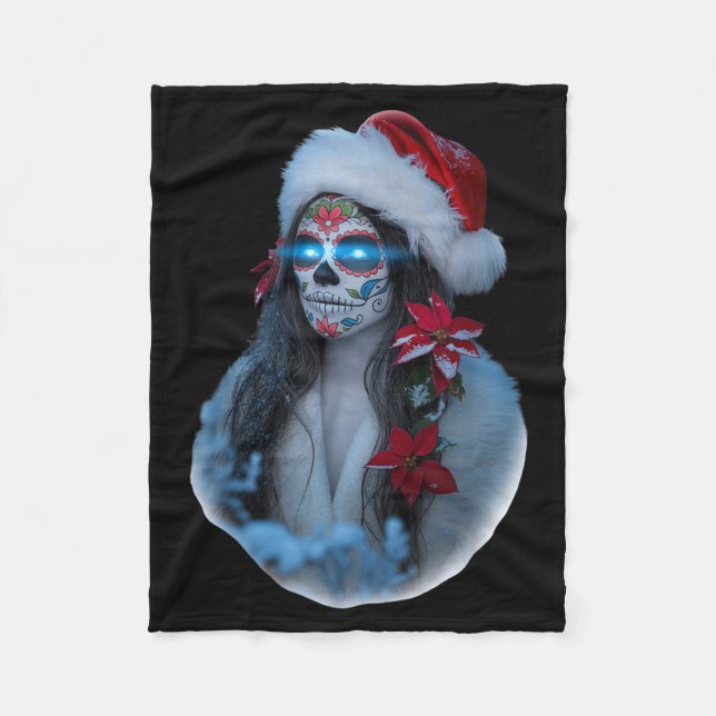 Manta Polar Christmas Sugar Skull Art Woman Santa Hat Festive  (Anverso)