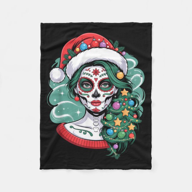Manta Polar Christmas Sugar Skull Art Woman Santa Hat Festive  (Anverso)