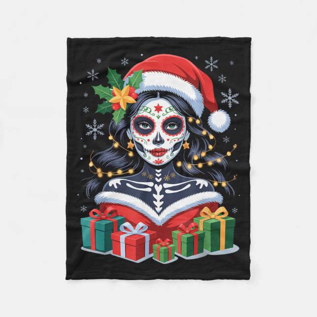 Manta Polar Christmas Sugar Skull Art Woman Santa Hat Festive  (Anverso)