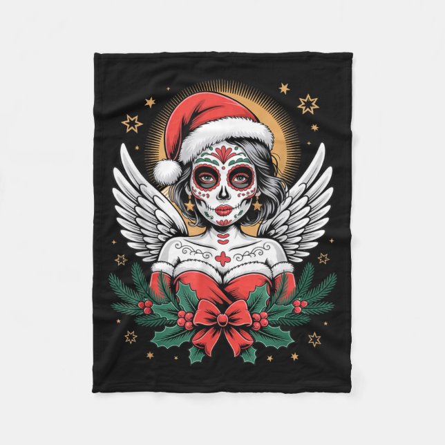 Manta Polar Christmas Sugar Skull Art Woman Santa Hat Festive  (Anverso)