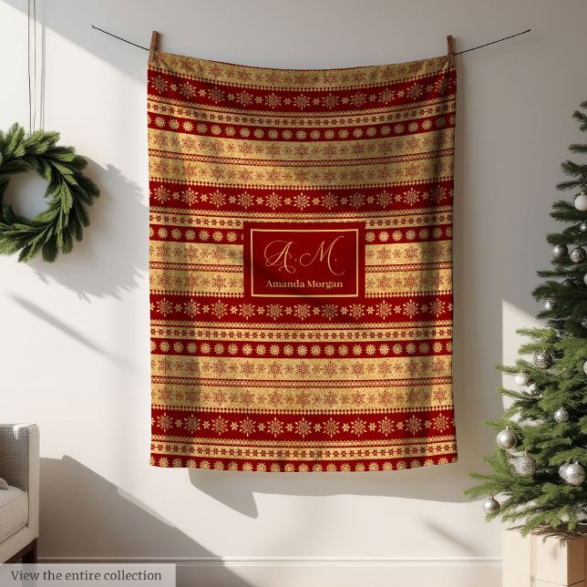 Manta Polar Christmas Throw Blanket Elegant Red Gold Accent (Personalized Throw Blanket Red Gold Luxe Christmas)