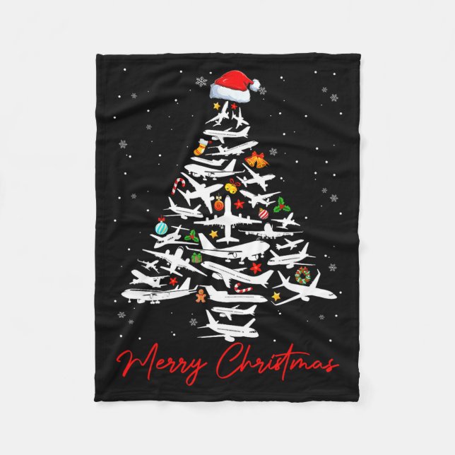 Manta Polar Christmas Tree Airplanes Lots Merry Christmas Men  (Anverso)