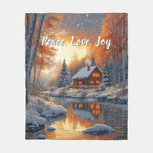 Manta Polar Christmas Winter Log Cabin Snow River Sun    (Anverso)