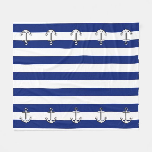 Manta Polar Chrome Anchor on Nautical Navy Blue Stripes Print (Frente (Horizontal))