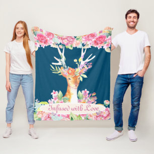 Manta Polar Ciervo floral con acuarela con cuernos, azul marin