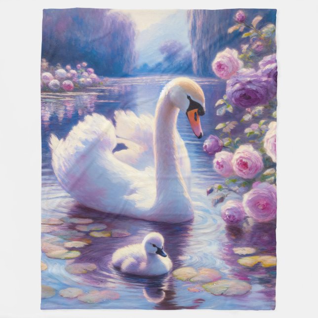 Manta Polar Cisne blanco con Rosas morados (Anverso)