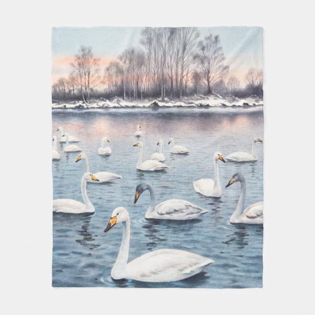 Manta Polar Cisne blanco mudo en un lago. Cisne de pintura acu (Anverso)