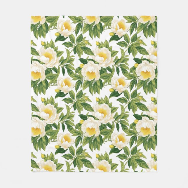 Manta Polar Claire de Lune peonies blanca y amarilla (Anverso)