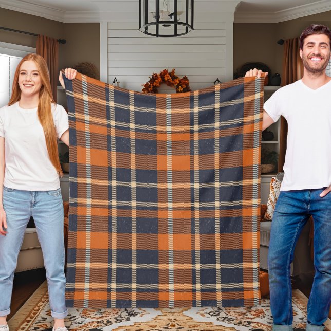 Manta Polar Clásica y acogedora Plancha azul y Naranja de otoñ (Classic Cozy Autumn Blue and Orange Plaid Fleece Blanket)