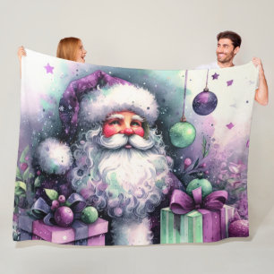 Manta Polar Claus Santa acuarela regalos verde morado