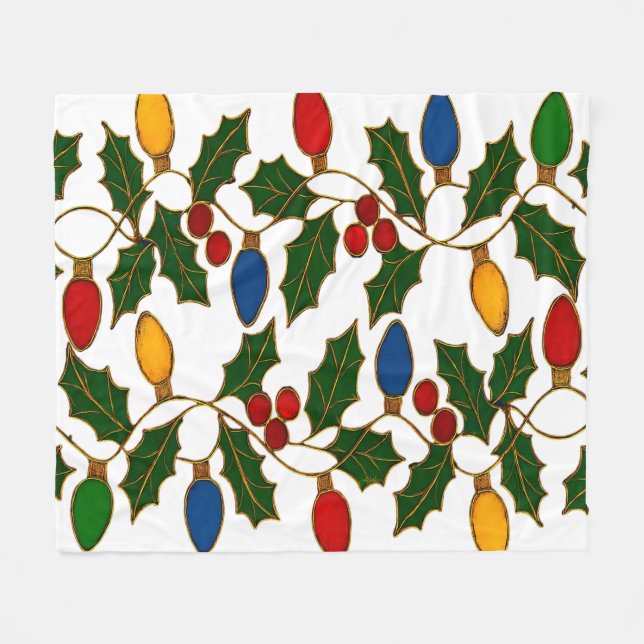 Manta Polar Cloisonne Art Christmas Lights and Holly (Frente (Horizontal))