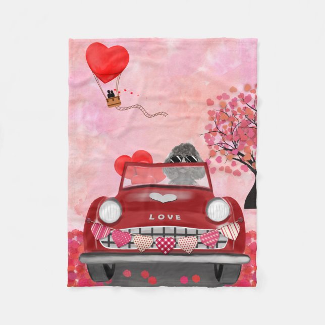 Manta Polar Coche de perro caniche con corazones de San Valent (Anverso)