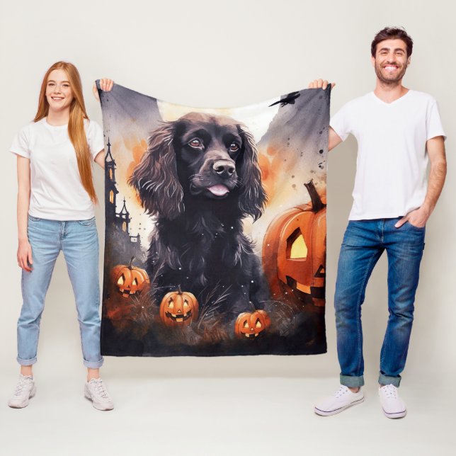 Manta Polar Cocker Spaniel de Halloween con calabazas (In situ)