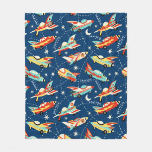 Manta Polar Cohetes Retro Space Coches Blue Personalized Name