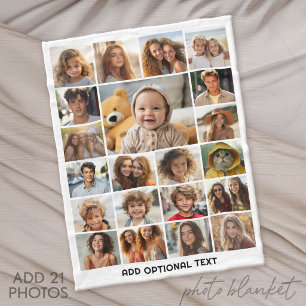Manta Polar Colaje de 21 fotos - Texto personalizado - Blanco