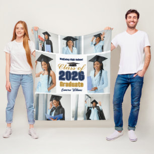 Manta Polar Colaje de fotos de graduación Navy Blue Gold 2026
