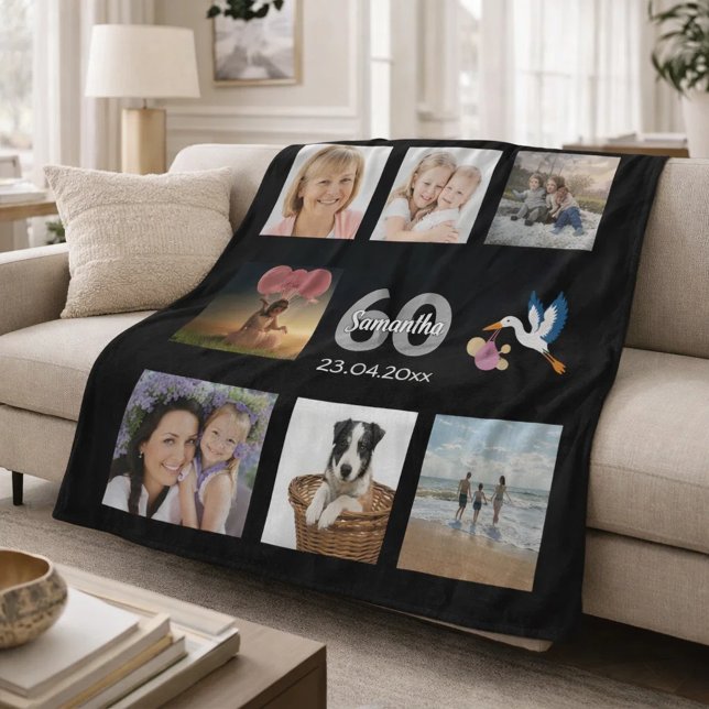 Manta Polar Colaje de fotos del 60 cumpleaños negro (Subido por el creador)