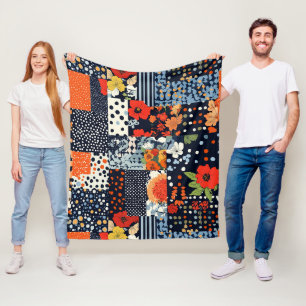 Manta Polar Colcha de patchwork floral de coral navy vintage