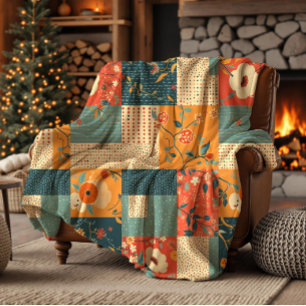 Manta Polar Colcha-Retro-Floral-Parcheada