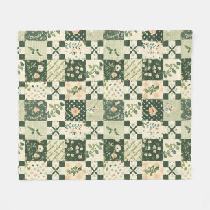 Manta Polar Colcha Verde de Parche Cuadros Casita Floral