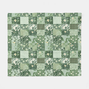 Manta Polar Colcha Verde de Parche Cuadros Cottagecore Floral