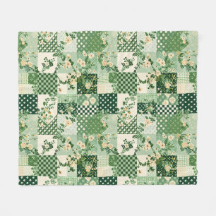 Manta Polar Colcha Verde de Parche Cuadros Cottagecore Floral