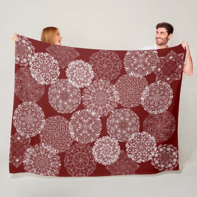 Manta Polar Collage de arte Mandala elegante rojo borgoña blan (In situ)