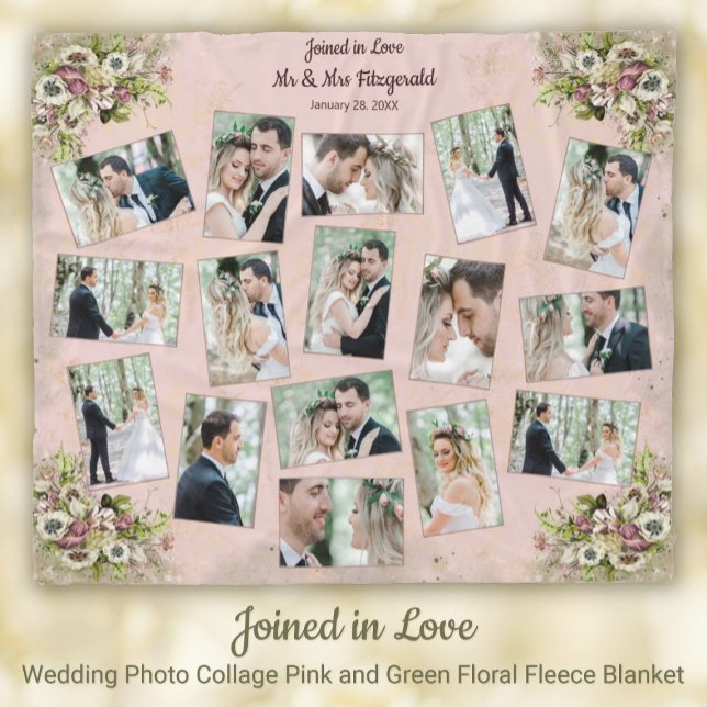 Manta Polar Collage de fotos boda rosa + azote floral verde (Wedding Photo Collage Pink and Green Floral Keepsake Fleece Blanket)