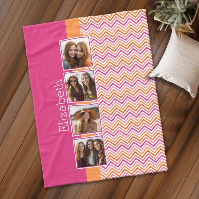 Manta Polar Collage de fotos brillante Naranja rosado caliente (Personalized fleece blanket with 4 photos and a monogram)