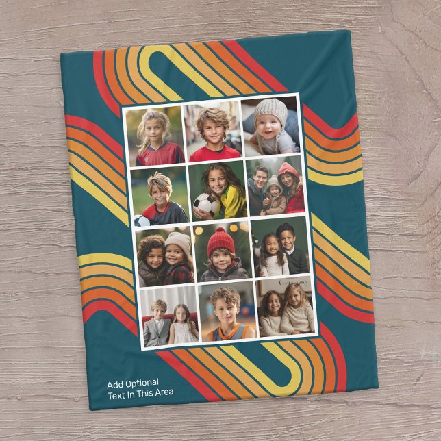 Manta Polar collage de fotos con rayas inspiradas de los años  (12 photo personalized fleece blanket with a message and retro stripes)