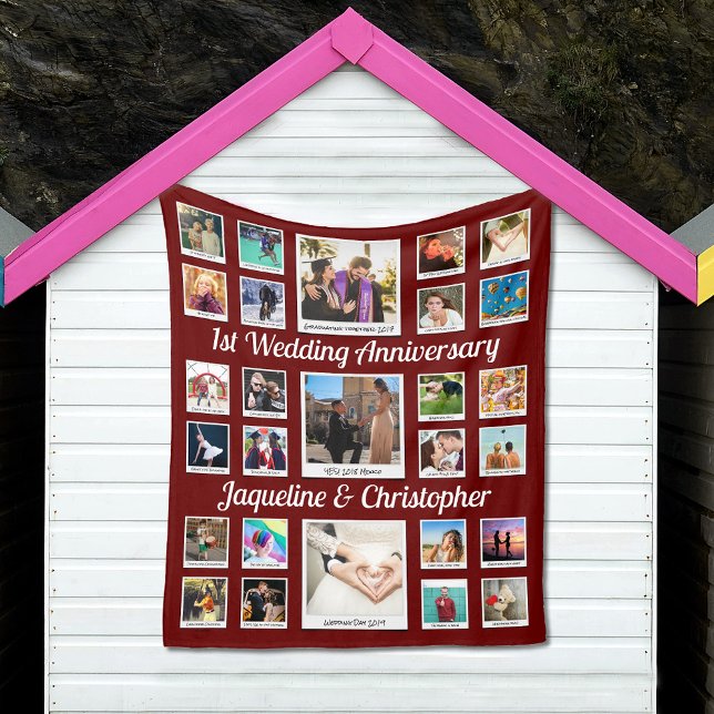 Manta Polar Collage de fotos de Aniversario boda (Wedding Anniversary custom fleece blanket in red with photo collage.)
