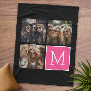 Manta Polar Collage de fotos de moda negro y rosa con monogram
