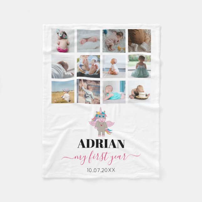 Manta Polar Collage de fotos del primer año de la niña con uni (Anverso)