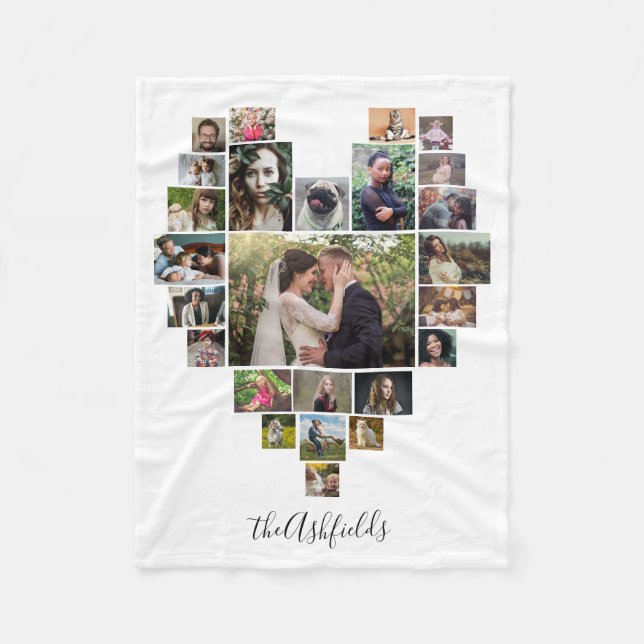 Manta Polar Collage de fotos familiar Corazón 25 Imágenes Nomb (Anverso)