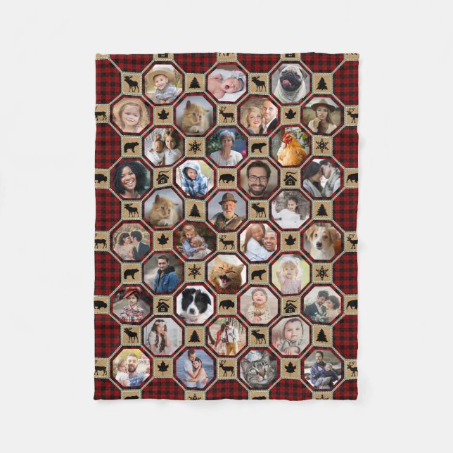 Manta Polar Collage de fotos Familiar Red Buffalo Plaid Quilt  (Anverso)