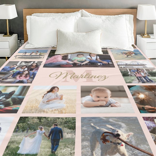 Manta Polar Collage de fotos familiar Rubor Rosa & Gold Monogr (Subido por el creador)