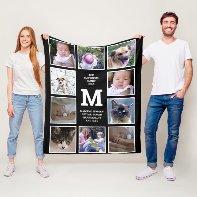 Manta Polar Collage de fotos Monograma Blanco Y Negro 10 Foto (In situ)