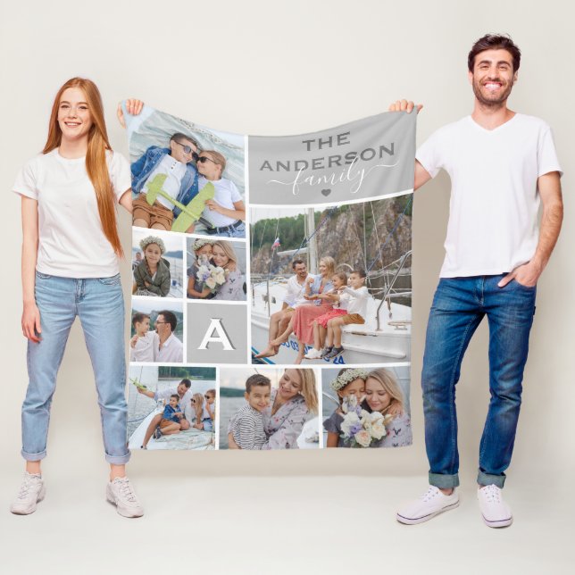 Manta Polar Collage de fotos monograma de la familia cuta (In situ)