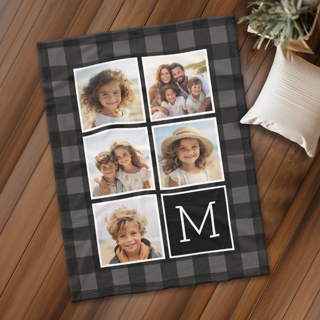 Manta Polar Collage de fotos - Monograma negro gris con guarni (Personalized fleece blanket with 5 photos and a monogram)