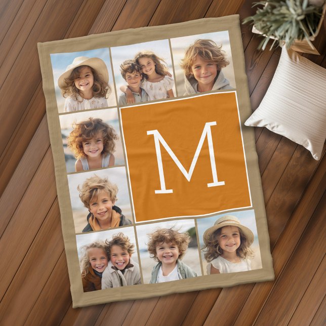 Manta Polar Collage de fotos Monograma Rústico Kraft y Naranja (Personalized fleece blanket with 8 photos and a monogram)
