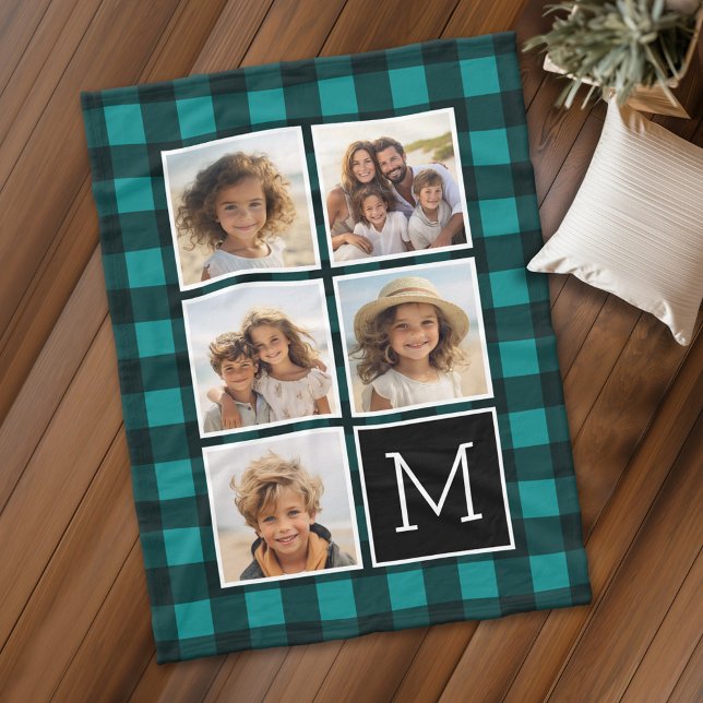 Manta Polar Collage de fotos - Monograma Verde azulado negro c (Personalized fleece blanket with 5 photos and a monogram)