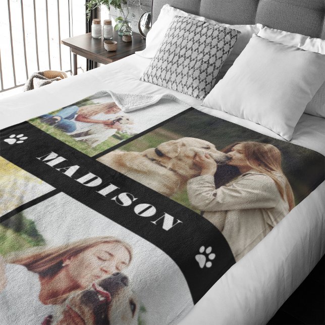Manta Polar Collage de fotos Perro Paws Black (Capture precious pet moments with our Modern Pet Photo Collage Fleece Blanket. )
