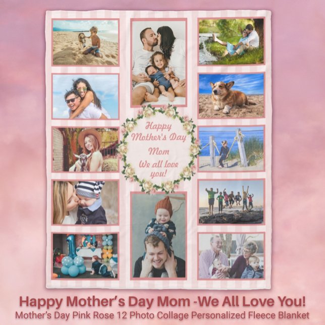 Manta Polar Collage de fotos rosa Día de la Madre Fleece Blank (Happy Mother’s Day Mom We All Love You! Pink Roses 12 Photo Collage Personalized Fleece Blanket)