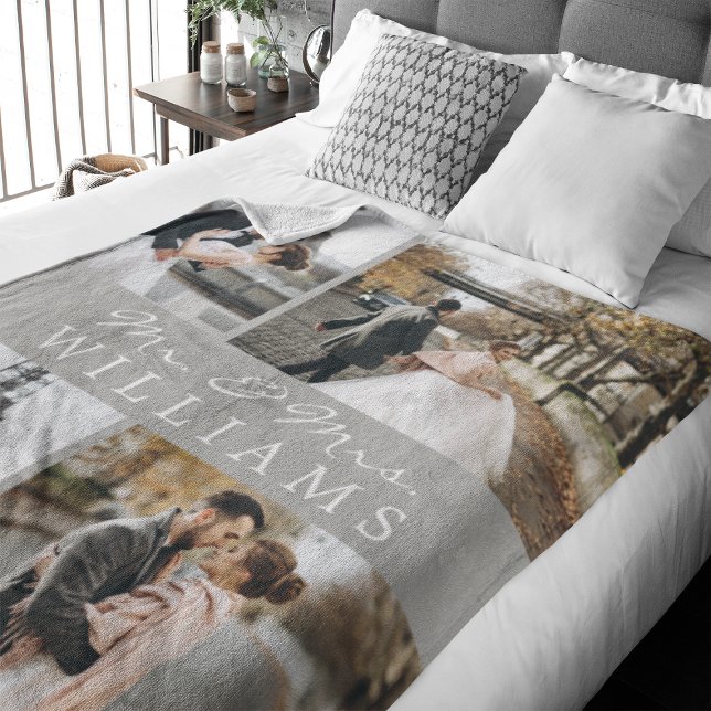 Manta Polar Collage de fotos Sr. y Sra. Newlyw Monogram Gray (Celebrate your recent marriage with this 4 photos monogrammed fleece blanket.)