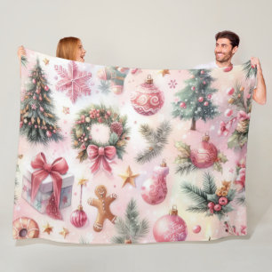 Manta Polar Collage de Motivos Navideños en Rosa y Verde Acuar