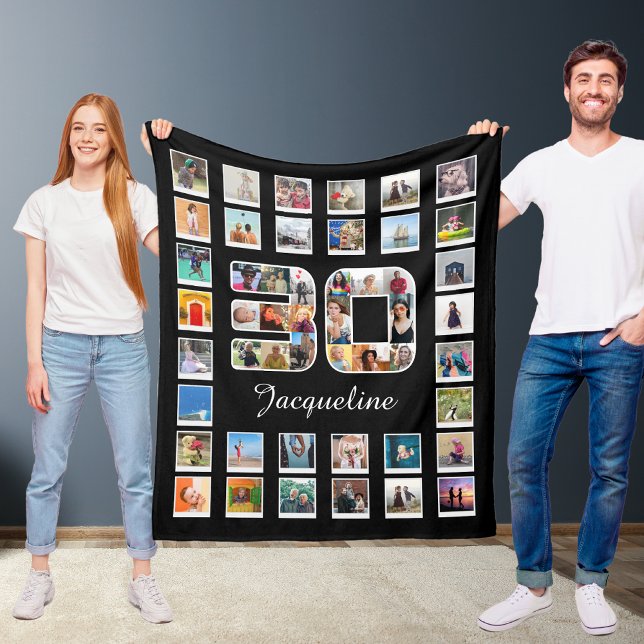 Manta Polar Collage de Recuerdos fotográficos de la familia de (30th birthday photo collage template fleece blanket held up by two people.)
