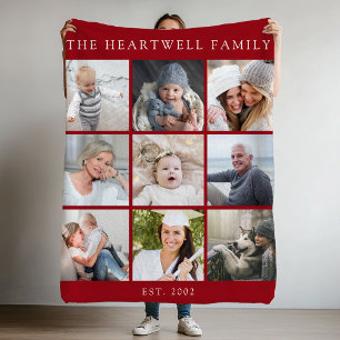 Manta Polar Collage personalizado de 9 fotos familiares Rojo A