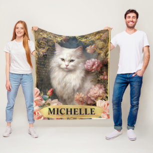Manta Polar Color de agua Vintage Gato blanco y rosas rosadas
