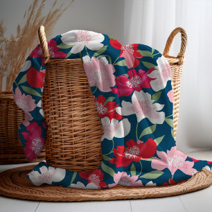 Manta Polar Color Rojo Floral Patrón Azul